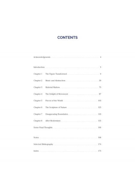 The Experience of Modern Sculpture by Schiffer Publishing, Ltd. features a table of contents with sections like acknowledgements, introduction, eight chapters on sculpture, final thoughts, notes, bibliography, and index—all with page numbers.