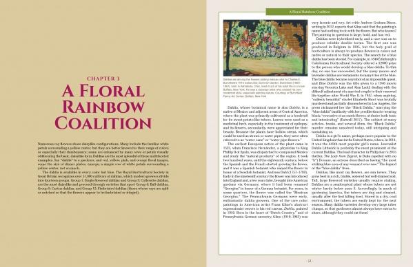 A two-page spread from The Graphic Flower by Schiffer Publishing, Ltd.: the left page titled Chapter 3: A Floral Rainbow Coalition with intro text; the right page has text and a small painting of colorful daisies, roses, and sunflowers.