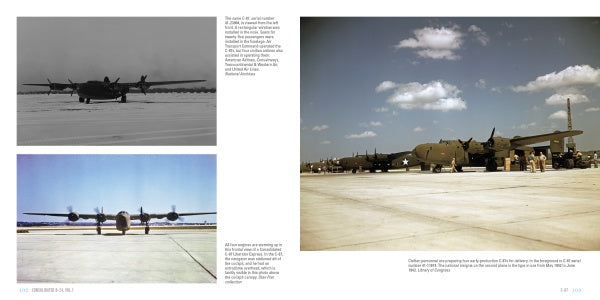 Two black-and-white photos on the left show three WWII aircraft, while a color photo on the right features several B-24 Liberators lined up—a striking tribute in Consolidated B-24 Vol.1 by Schiffer Publishing, Ltd.