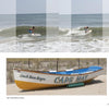 A sequence of three images appears on "Cape May Perspectives" by Schiffer Publishing, Ltd.: a man surfing, and a yellow and white Cape May lifeguard rescue boat on the sand with the text Life Guard Rescue Boat.