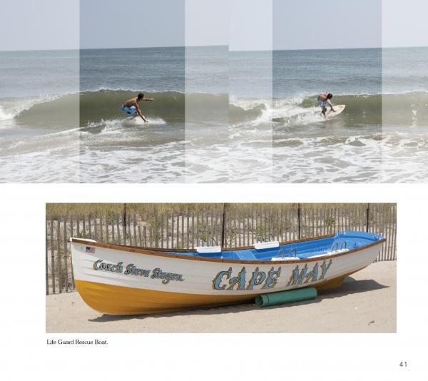 A sequence of three images appears on "Cape May Perspectives" by Schiffer Publishing, Ltd.: a man surfing, and a yellow and white Cape May lifeguard rescue boat on the sand with the text Life Guard Rescue Boat.