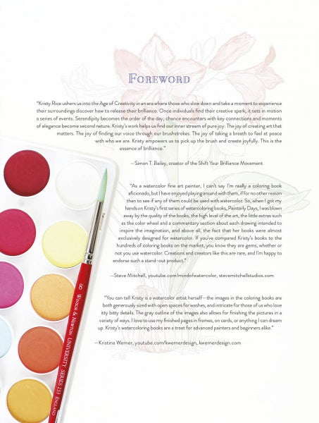 A watercolor palette and brush are placed beside Kristy's Winter Cutting Garden by Schiffer Publishing, Ltd., with a soft winter flower illustration—ideal for Kristy Rice fans or anyone seeking watercolor painting inspiration.