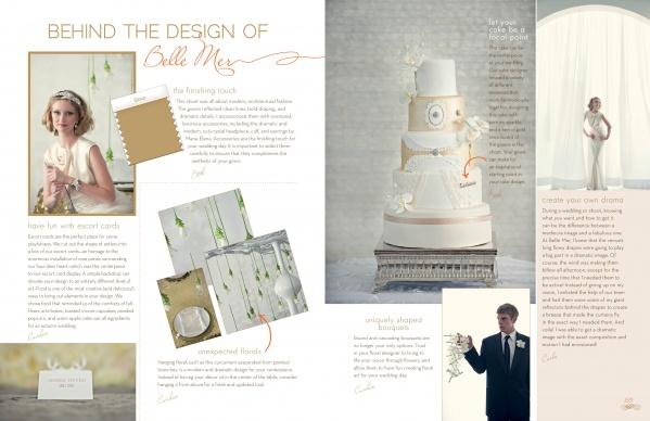 A magazine spread from Schiffer Publishing, Ltd.'s "The White Dress in Color: Wedding Inspirations for the Modern Bride" features elegant bridal looks, floral décor, invitations, and tips—perfect for modern brides seeking fresh ideas in soft neutral tones.