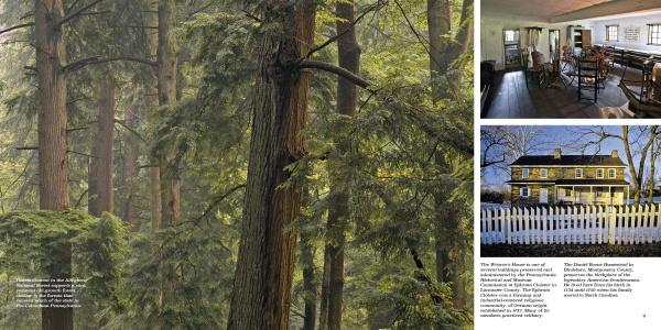 A collage for Schiffer Publishing, Ltd.'s "Pennsylvania" shows a dense forest, a room with wooden desks and chairs, and a historic yellow house—highlighting notable Pennsylvania historic sites.