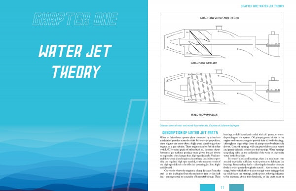 A textbook spread from Schiffer Publishing, Ltd.’s Water Jet Shiphandler’s Guide displays “Chapter One: Water Jet Theory” on a blue gradient left page, with right-page diagrams of axial and mixed flow impellers for water jet vessels.