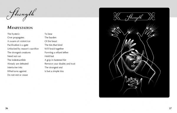 A black and white illustration of overlapping hands reaching upward surrounds a distressed face. On the left, stylized text reads Strength with a poem on manifestation and inner strength, inspired by the White Witch Tarot by Schiffer Publishing, Ltd.
