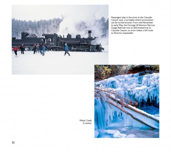 A scene from Durango Perspectives by Schiffer Publishing, Ltd. shows a steam train passing through snowy tracks as people play nearby, with a creek and icicles below, all framed by the winter beauty of the San Juan range.