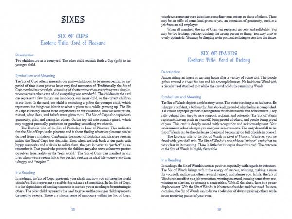 A Tarot book spread by Schiffer Publishing, Ltd. showcases the Six of Cups and Six of Swords, with symbolism, meanings, dream interpretations, and readings presented in stylish black and blue text across two pages.