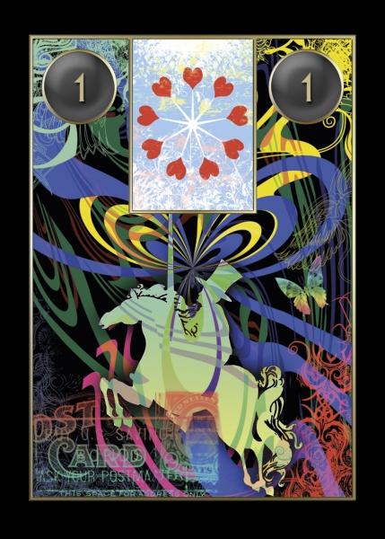 A vibrant, abstract image from Lenormand Cartomancy by Schiffer Publishing, Ltd. shows a white horse, swirling colors, a butterfly, and a central card with nine red hearts in a circle, plus two black circles with a "1" hinting at Lenormand fortune telling.
