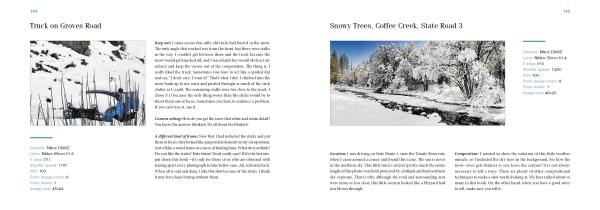 A spread from "How Did You Get That Shot?" by Schiffer Publishing, Ltd. shows a blue truck in rural America on the left and a snowy river landscape on the right, with text explaining the camera skills used for each photo.