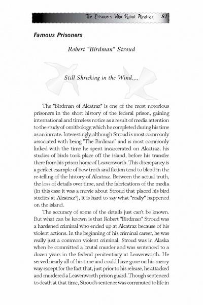 A page in Ghosts of Alcatraz by Schiffer Publishing, Ltd. covers Robert Stroud, a notorious Alcatraz prisoner, summarizing his history and separating myth from reality, with decorative elements framing the content.