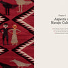 A woven Navajo textile with Yei Yeibichai-inspired patterns appears beside the chapter title “Aspects of Navajo Culture,” listing sections on people, weaving, and spirituality. Product: Navajo Weavings with Ceremonial Themes by Schiffer Publishing, Ltd.