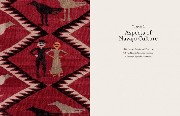 A woven Navajo textile with Yei Yeibichai-inspired patterns appears beside the chapter title “Aspects of Navajo Culture,” listing sections on people, weaving, and spirituality. Product: Navajo Weavings with Ceremonial Themes by Schiffer Publishing, Ltd.