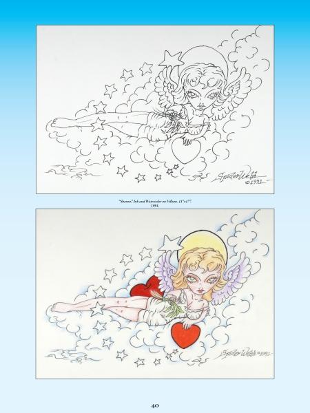 Two illustrations from Spider Webb's Angels by Schiffer Publishing, Ltd. show cartoon angels with wings and halos on clouds—ideal for tattoo artists or fans of angel tattoos. One is black and white; the other has colorful hair, wings, and hearts.