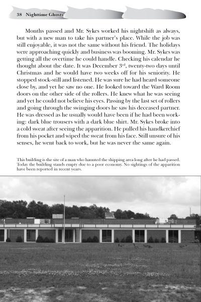 A page from "Ghosts of the North Carolina Shores" (Schiffer Publishing, Ltd.) describes a man’s ghostly encounter in a shipyard. Below is a grayscale photo of simple shoreline buildings, captioned about haunted North Carolina towns.