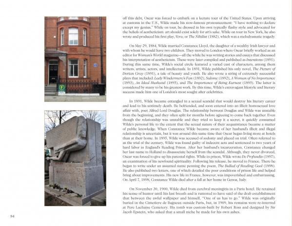 A two-page spread from "Literary Legends of the British Isles" by Schiffer Publishing, Ltd. displays text with two photos: a red-brick building with a green plaque, and a stone sculpture of a man's arm and hand reaching out.