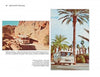 A vintage RV journeys through desert and palm-lined landscapes, capturing the spirit of adventure. "Pictorial Guide to RVing" by Schiffer Publishing, Ltd. is ideal for postcard collectors and RV enthusiasts seeking nostalgic charm.