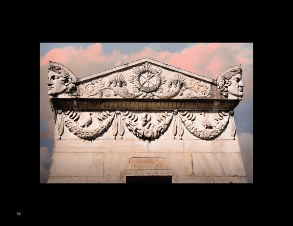 Ghosts in the Cemetery II by Schiffer Publishing, Ltd. features a stone façade with classical carvings—two sculpted faces on each corner, garlands, and a floral medallion—set beneath pink clouds, evoking cemetery photography.