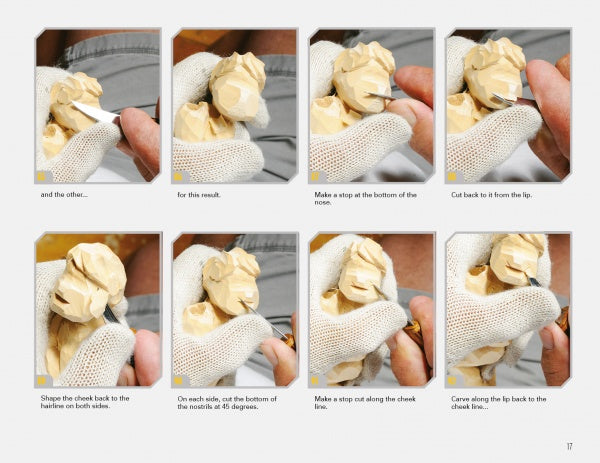 A step-by-step photo guide in "Carving a 1930s Street Scene" by Schiffer Publishing, Ltd. shows hands in white gloves carving a wooden face, highlighting cheek, nose, lip, and facial line techniques from the Caricature Carvers of America.