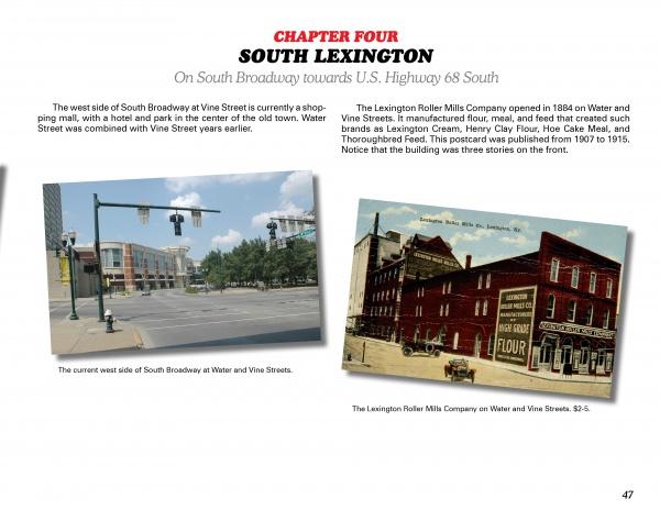 Page with two images: a modern South Broadway at Vine Street scene and a vintage Lexington Roller Mills Company postcard—ideal for fans of historical Lexington, Kentucky. From Schiffer Publishing, Ltd.