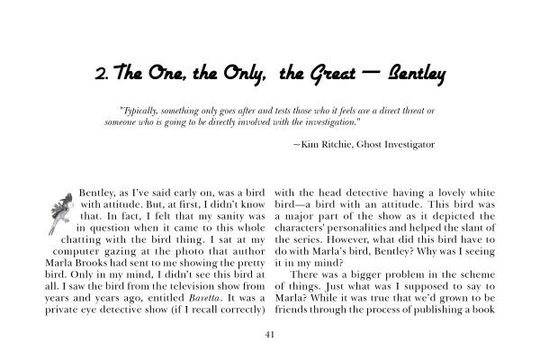 A page titled "2. The One, the Only, the Great — Bentley" in Psychic Pets features a quote from Kim Ritchie, Ghost Investigator, and a story of the author recognizing a bird with attitude from TV, exploring animal communication and ghost hunting.