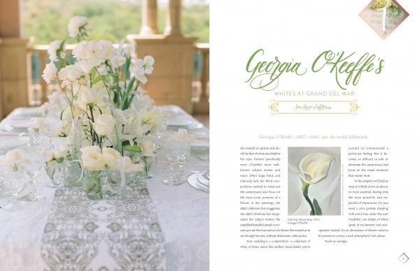On the left, an outdoor table inspires with white flowers and lace; on the right, "The Painter's Wedding" by Schiffer Publishing, Ltd. highlights "Georgia O’Keeffe’s Whites at Grand Del Mar" with a white calla lily by Kristy Rice.