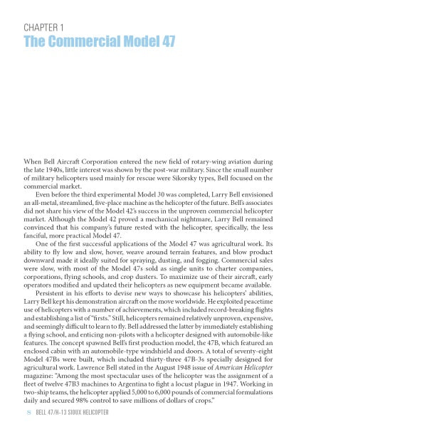 A page from Schiffer Publishing, Ltd.'s "CHAPTER 1: The Commercial Model 47" examines the Bell 47/H-13 Sioux Helicopter, highlighting its civilian and agricultural uses and its technical advances in the late 1940s and early 1950s.