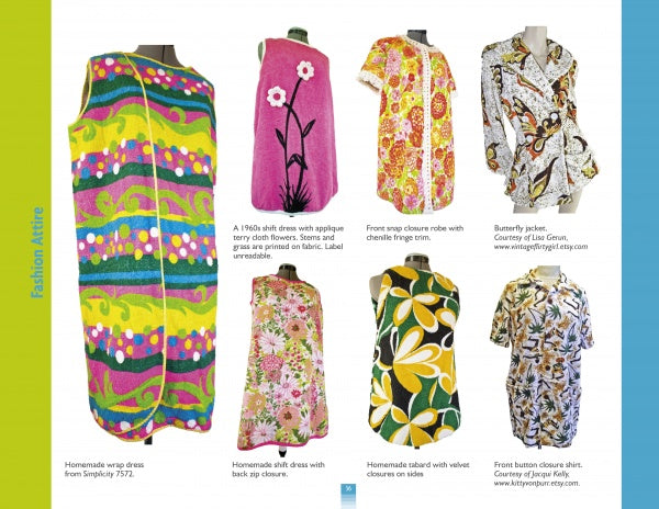 A collage showcases vintage-inspired dresses and shirts in bright patterns, each on a mannequin, highlighting styles from Terry Cloth by Schiffer Publishing, Ltd., with nods to retro fashion and classic sewing patterns.