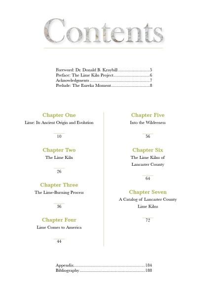 The Story of Lime and the Lime Kilns of Lancaster County by Schiffer Publishing, Ltd. features a contents page listing chapters on lime kiln history, development, uses in Lancaster County, and the significance of construction lime.