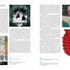 A two-page spread from "Art Quilts Unfolding" by Schiffer Publishing, Ltd. showcases six abstract artworks—collages, digital art, quilts, and mixed media—displayed in columns with captions beneath each piece highlighting vibrant colors and textures.
