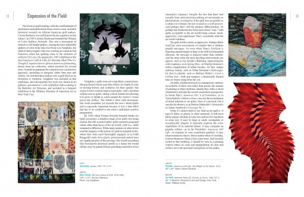 A two-page spread from "Art Quilts Unfolding" by Schiffer Publishing, Ltd. showcases six abstract artworks—collages, digital art, quilts, and mixed media—displayed in columns with captions beneath each piece highlighting vibrant colors and textures.