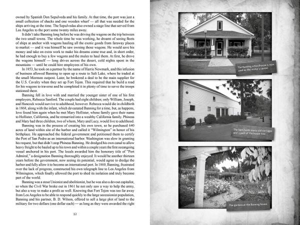 A black-and-white book spread from "California's Historic Haunts" by Schiffer Publishing, Ltd. shows text on the left and three right-page photos—historic home, building by parking lot, and lush garden with benches—each with a caption.