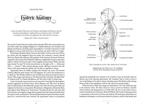 A spread from "Healing with Spirit" by Schiffer Publishing, Ltd. shows chapter two, Esoteric Anatomy: the left page features text and a quote; the right displays a labeled diagram of chakras, the spine, head, nervous system, and psychic healing aspects.