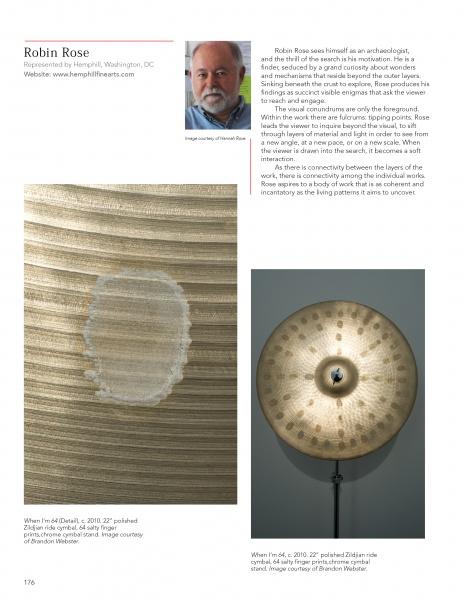 A page from Schiffer Publishing, Ltd.’s "100 Artists of Washington, D.C." highlights Robin Rose with a headshot, brief bio, and two circular abstract works—showcasing textured patterns and muted colors for DC art enthusiasts or collectors.