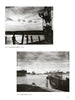 Top: Silhouetted railcars and crane at a dock under dramatic clouds. Bottom: Ships in port near a small boat marked 302. 1950s Baltimore photography by Aubrey Bodine, from Bodine's City by Schiffer Publishing, Ltd.