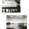 Top: Silhouetted railcars and crane at a dock under dramatic clouds. Bottom: Ships in port near a small boat marked 302. 1950s Baltimore photography by Aubrey Bodine, from Bodine's City by Schiffer Publishing, Ltd.