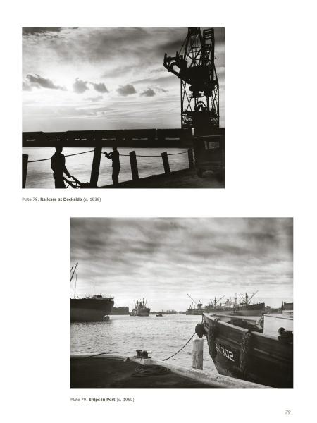Top: Silhouetted railcars and crane at a dock under dramatic clouds. Bottom: Ships in port near a small boat marked 302. 1950s Baltimore photography by Aubrey Bodine, from Bodine's City by Schiffer Publishing, Ltd.