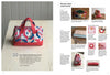 A colorful, hexagon-patterned duffel bag sits on a wooden surface next to "50 Pouches" by Schiffer Publishing, Ltd., featuring step-by-step pouch and bag sewing instructions, diagrams, fabric scrap projects, and expert cutting tips.