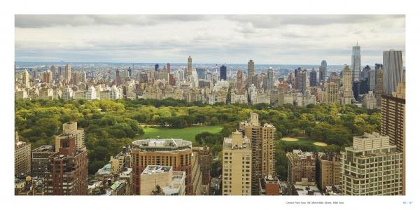 Experience breathtaking Central Park views in "Vista Manhattan" by Schiffer Publishing, Ltd.—lush green trees, towering skyscrapers, and city residences beneath a cloudy New York City sky.