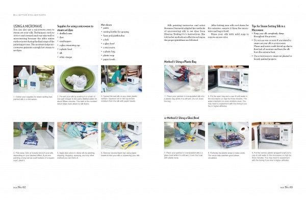 Discover step-by-step visuals from "The Fine Art of Painting on Silk" by Schiffer Publishing, Ltd., showing how to set dye in fabric with a microwave—includes images, tips, safety advice, and techniques for silk painting enthusiasts.