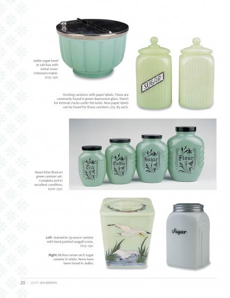 A page about Jadite by Schiffer Publishing, Ltd.—vintage green glass kitchenware like sugar bowls, ribbed sugar and flour canisters, painted scene canisters, bird-decorated flour containers, and glass sugar dispensers—with ID and price guide.