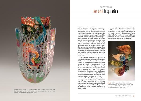 A two-page magazine spread from Schiffer Publishing, Ltd.’s "Intersection": left page displays a vibrant, swirling glass sculpture; right page has the article “Art and Inspiration” with two images from Beatrice Wood Center for the Arts.
