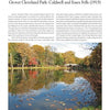 A scenic pond in Grover Cleveland Park, featured in "Olmsted Parks in New Jersey" by Schiffer Publishing, Ltd., reflects autumn colors. A path and benches border the water as people stroll under a clear blue sky.