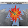 A cartoon Super Burrito with a face flies before a red-and-yellow burst and jagged grey shapes. Above, text reads: Suddenly, the beast’s head fell—and there was The Super Burrito! From "The Evil Mailbox and the Super Burrito," Schiffer Publishing, Ltd.