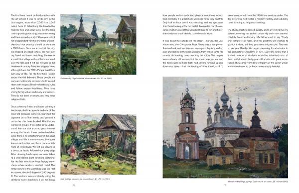 Two pages from "Renaissance Realm" by Schiffer Publishing, Ltd. display text and landscape paintings of rustic buildings, wooden houses, and churches, set in lush, rural scenes under blue skies in an impressionistic style.
