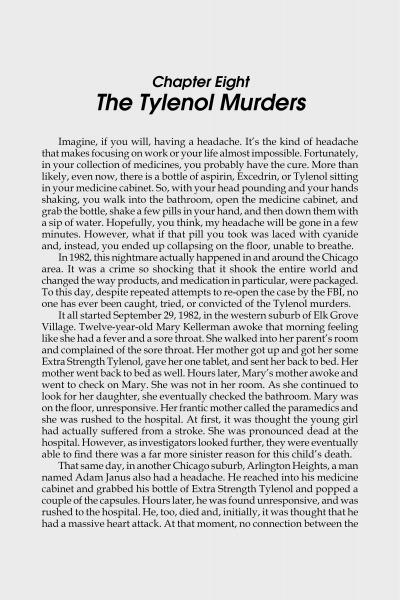 A page from "Chicago's Unsolved Crimes & Mysteries" by Schiffer Publishing, Ltd. explores headaches, medicine cabinets, and the 1982 Tylenol poisonings—one of Chicago’s most chilling unsolved crimes.