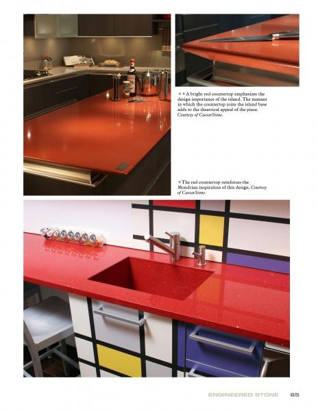 Two photos from "The Countertop Book" by Schiffer Publishing, Ltd. show modern kitchens with bold red countertops—one with a sleek glossy island, the other pairing a red surface and sink with Mondrian-style cabinetry.