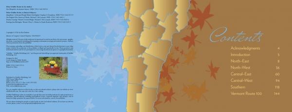 A stylized map of Vermont divides the Schiffer Publishing, Ltd. book’s contents into blue and brown with leaf outlines—left side features text and a red basket of apples photo; right side lists section titles and page numbers.