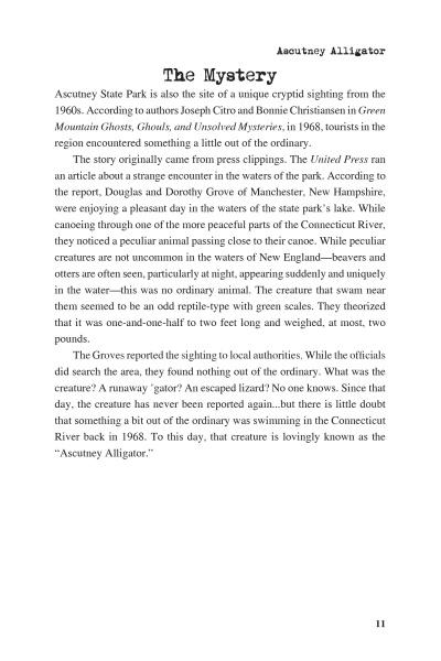 A page in Curious Creatures of New England by Schiffer Publishing, Ltd. explores supernatural beings allegedly seen in Ascutney State Park’s waters, recounting an eerie encounter and mentioning other New England river cryptids.