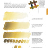 A page from Schiffer Publishing, Ltd.'s Drawing for Jewelers shows gold watercolor swatches labeled 1–5 in light-to-dark tones for jewelry drawing, with a gold hue grid at top right and explanatory text and captions on the left.